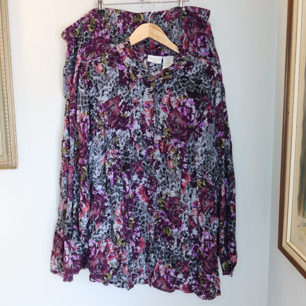 White Stag Skirt Blouse Set Womens 2X Purple Floral Long Sleeve Rayon y2k 90s
